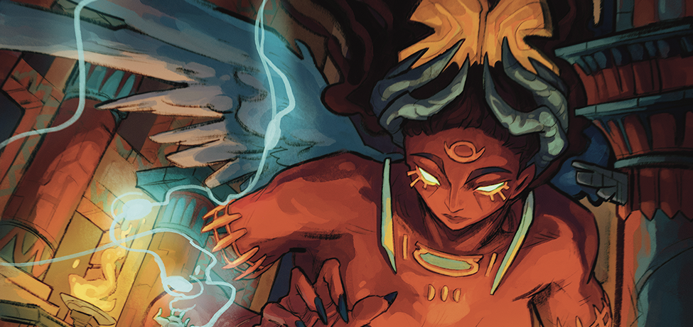 An inhuman goddess in a temple, lit by lightning