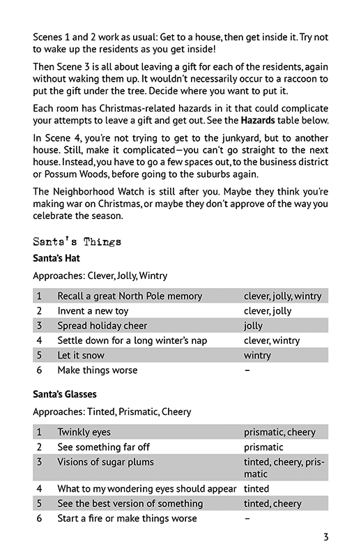 Page 3 of Raccoons Save Christmas, showing two tables of actions you can do with Santa's hat or his glasses