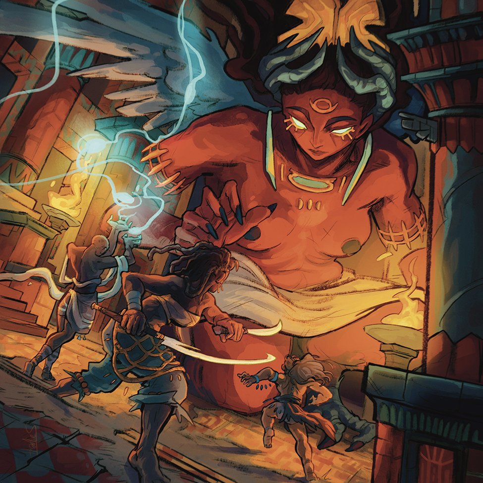 Three adventurers in a temple rush to confront a giant goddess who towers over them.